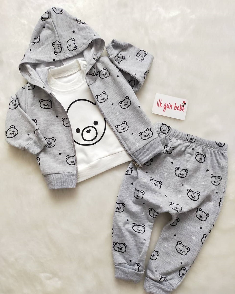 AYICIKLI HIRKALI 3 LÜ TAKIM GRİ İlkgün Bebe Bebek giyim