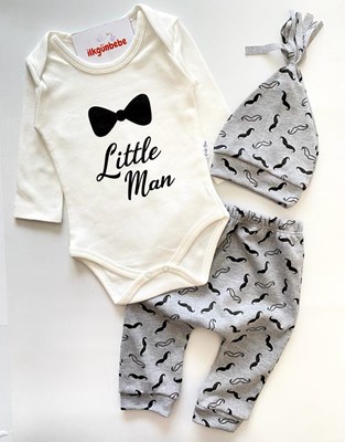 Little Man Baskılı 3'Lü Şapkalı Mevsimlik Takım 