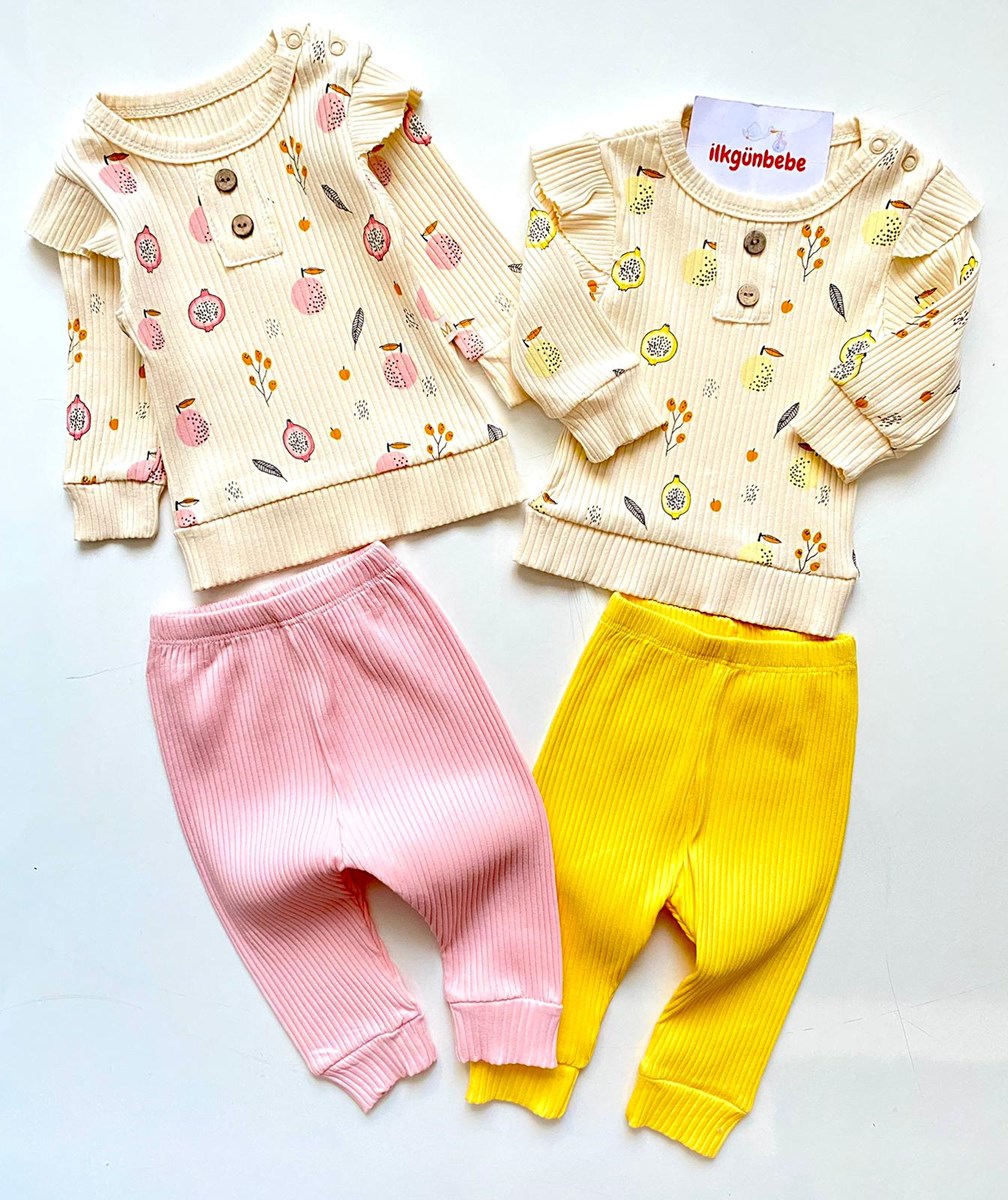 Fırfır Detaylı Ribanalı Esnek Kumaş Limon Çiçek Baskılı Kız Takım