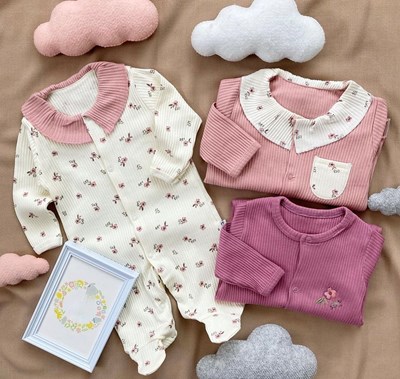 Çiçek Desenli Yaka Detaylı Kampanyalı %100 Pamuk Ribanalı 3’lü Tulum