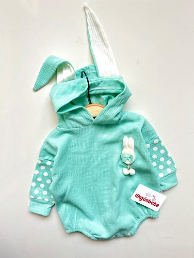 Tavşan Kulak Waffle Kumaş Arkası Ponponlu Puantiye Kollu Unisex Sweat