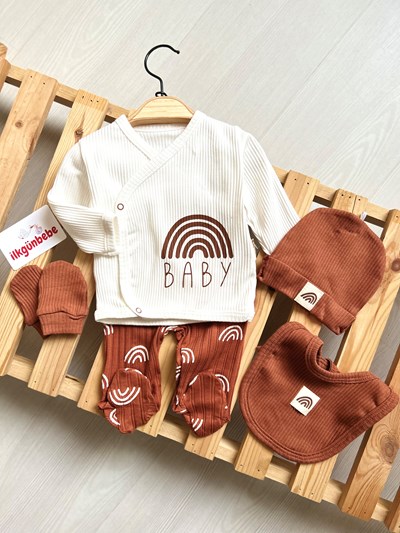 Baby Güneş  Desenli %100 Pamuk Ribanalı Kumaş 5 Parça Unisex Hastane Çıkışl Seti