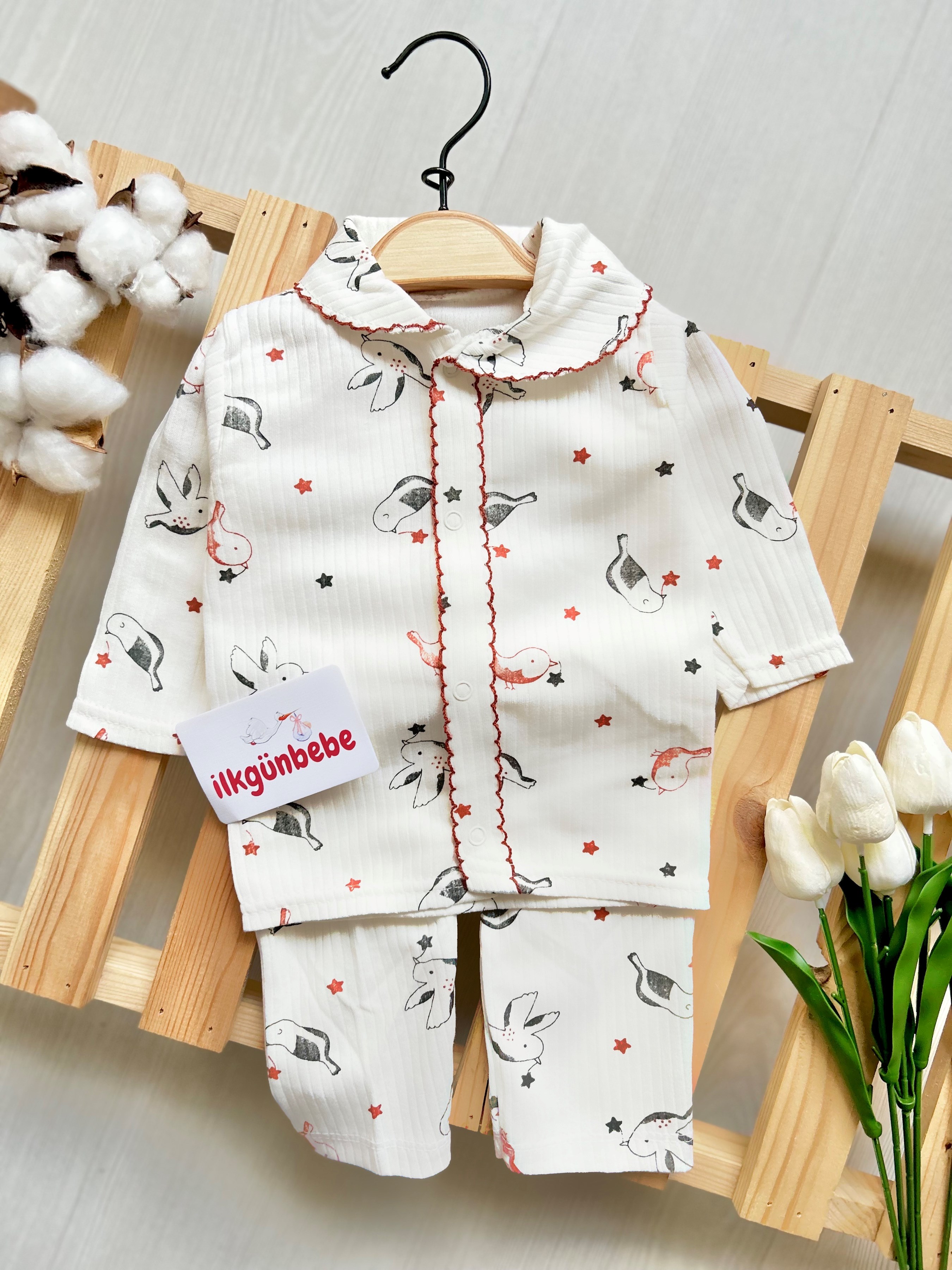 Bebe Yakalı Kuş Baskılı %100 Pamuk Pijama Takımı