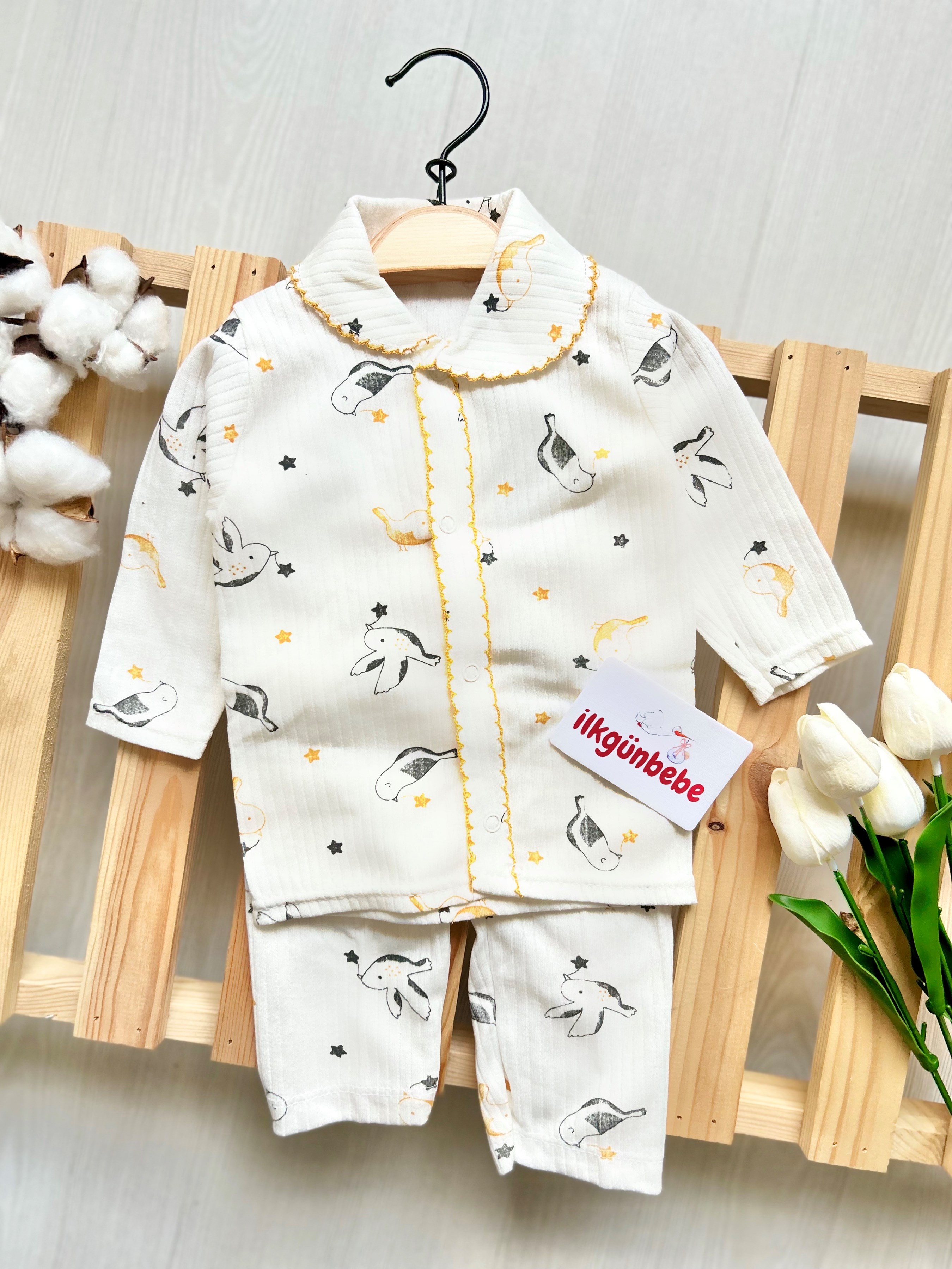 Bebe Yakalı Kuş Baskılı %100 Pamuk Pijama Takımı 