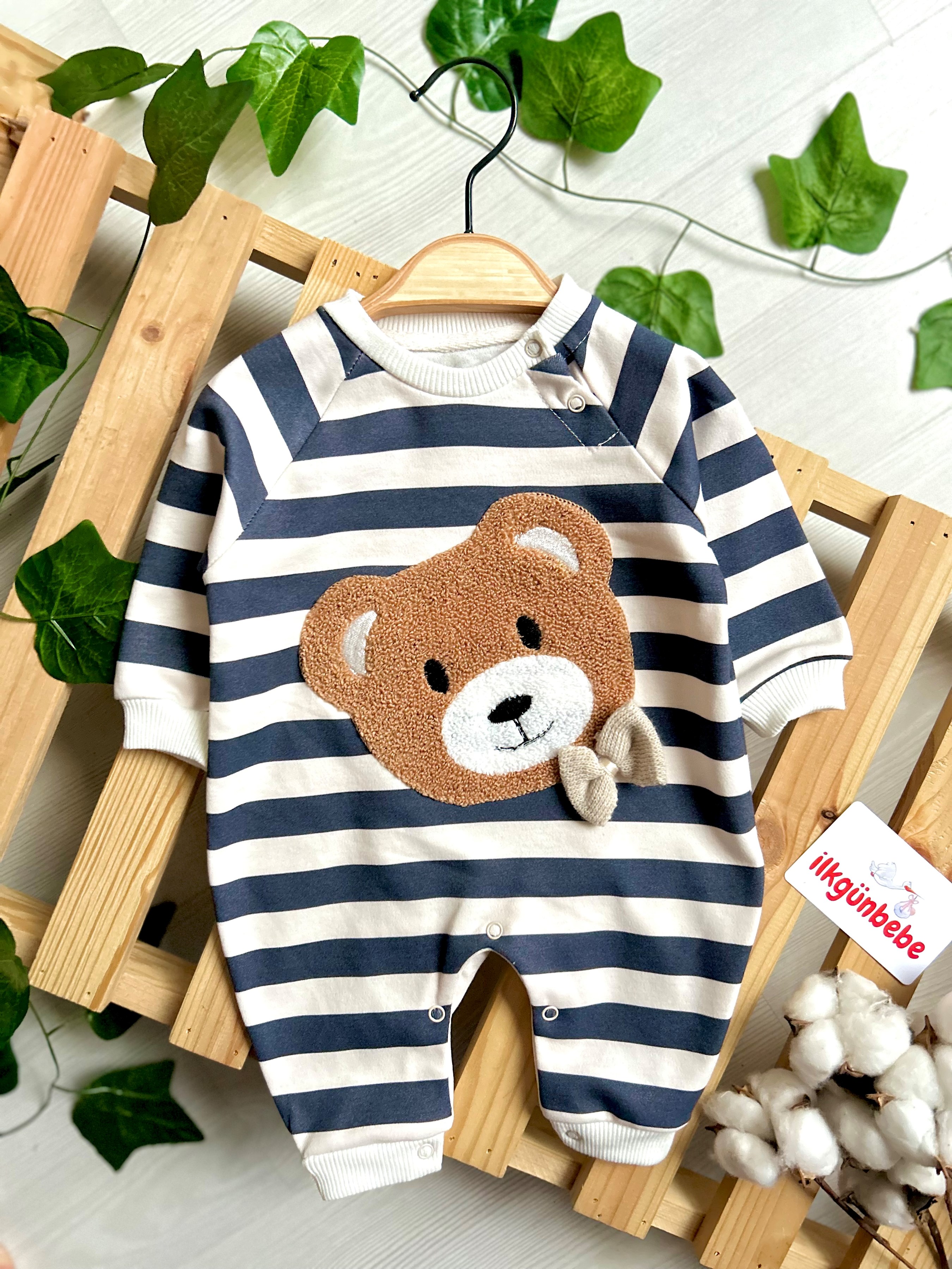 Bear Baskılı Çizgili Desenli %100 Pamuk Unisex Tulum