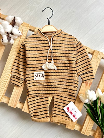 Waffle Kumaş Tarz İpli Yaka 2’li Çizgili Takım