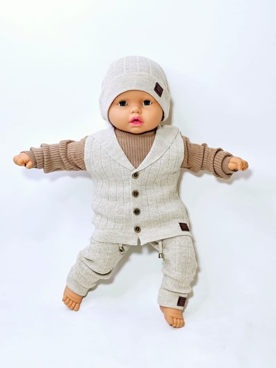 Selanik Örgüsü Kazaklı Triko Taytlı  Bereli  Yelekli 4’lü Kışlık Takım