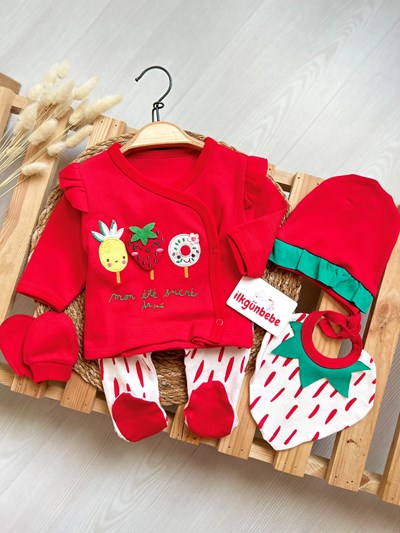 Sevimli Meyveler Çilek Baskılı 5 Parça %100 Pamuk Set