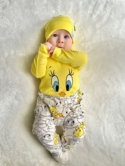 Civciv Desenli %100 Pamuk Zıbınlı Badili Şapkalı 3’lü Takım