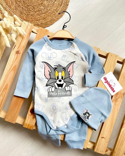 Tom And Jarry Baskılı %100 Pamuk Şapkalı 3’lü Takım