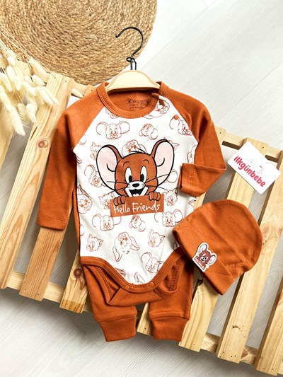 Tom And Jarry Baskılı %100 Pamuk Şapkalı 3’lü Takım