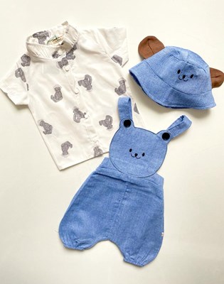 Bear Gömlek Detaylı Bucket Şapkalı Salopet 3'Lü Tarz Takım 