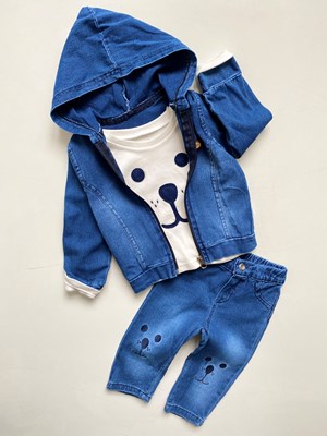 Kapşonlu Kot Ceketli Kot Pantalonlu Basılı 3'Lü Tarz Takım 