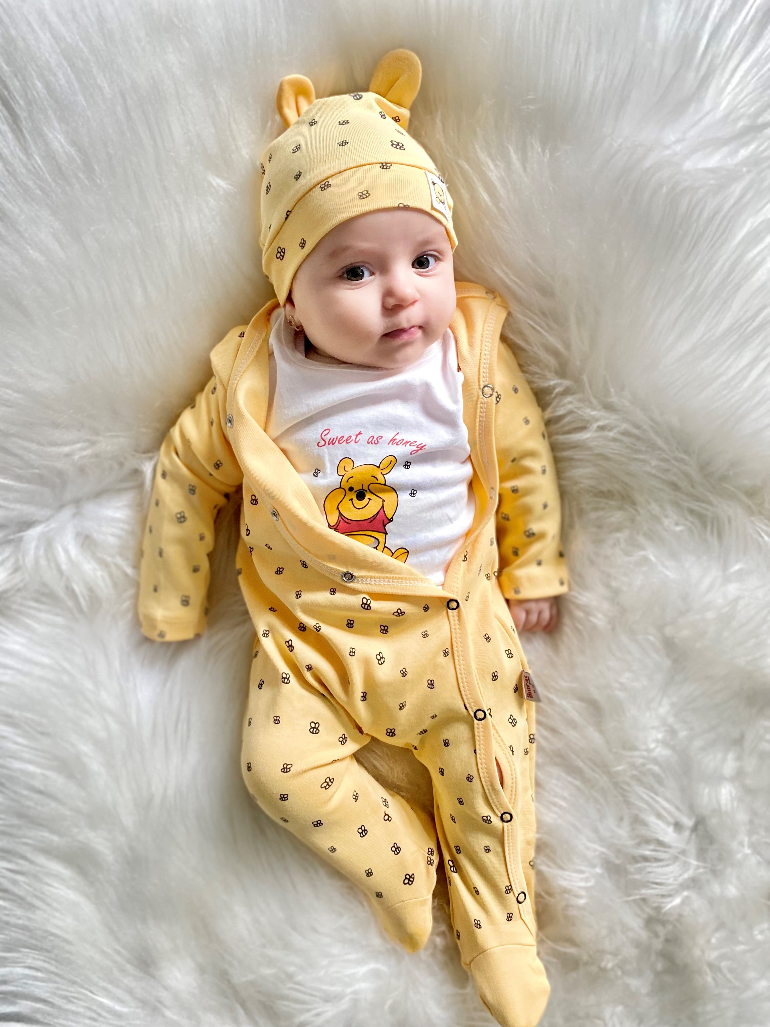 Sweet as honey winnie Pooh baskılı Zıbınlı  ayaklı arı baskılı Unısex tulum şapka set (6 aylık bebek üstündeki 12 ay) 