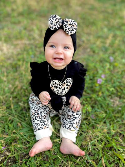 Kalp Leopar Desenli Kol Detaylı Bandanalı %100 Pamuk Tulum