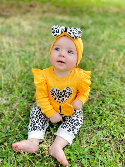 Kalp Leopar Desenli Fiyonklu Kol Detaylı Bandanalı %100 Pamuk Tulum