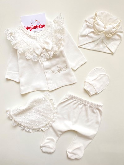 Melek Kanat Arkası Detaylı Fiyonklu %100 Pamuk 5’li Hastane Çıkışı Seti