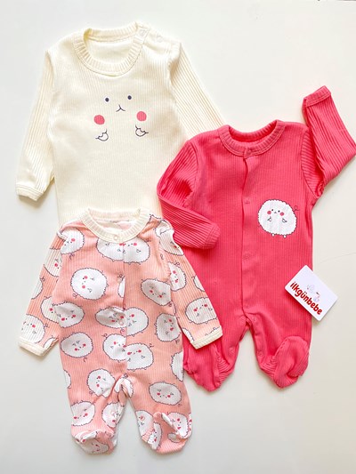 Sevimli Kuzu Baskılı %100 Pamuk Esnek Kumaş 3’’lü Tulum Set