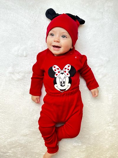 Minnie Mouse Baskılı %100 Pamuk Şapkalı Mevsimlik 3'lü Takım 