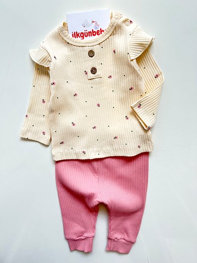 Bahar Çiçek Desenli Esnek Ribanalı Kumaş Ahşap Düğme Detaylı 2’li Mevsimlik Takım