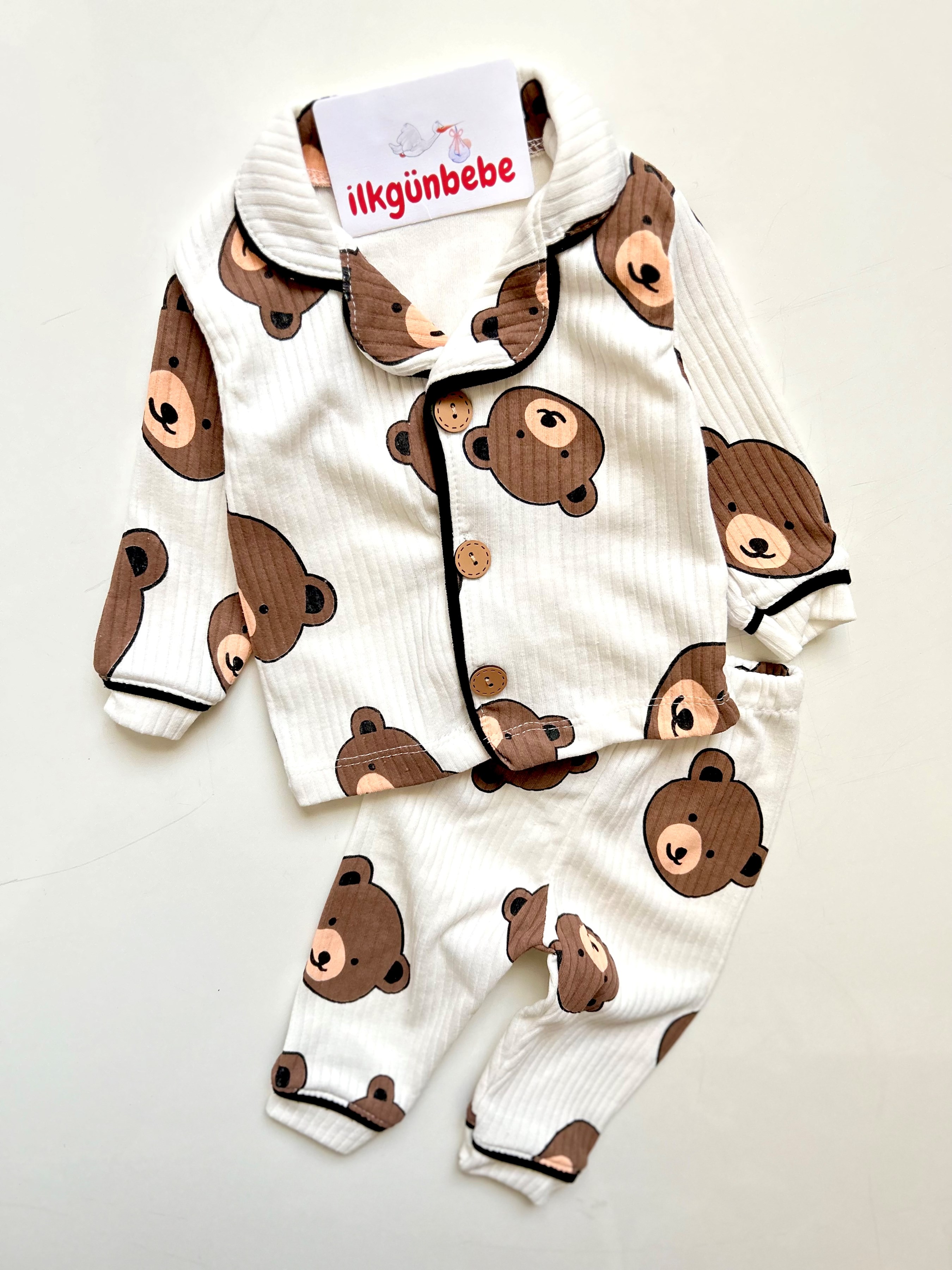 Bear Baskılı %100 Pamuk Yumuşaçık Kumaş Bebe Yakalı Pijama Takımı