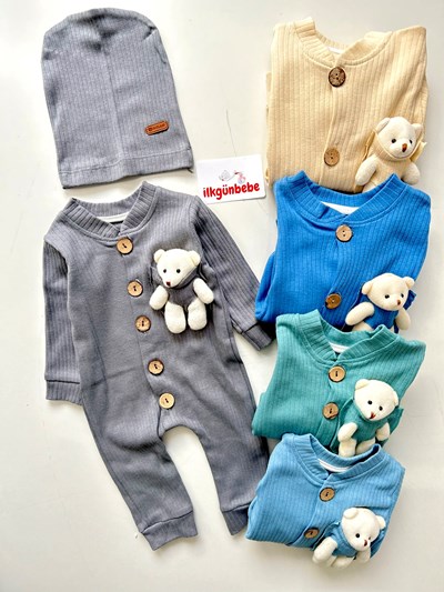 Oyuncak Ayılı Ribanalı Esnek Kumaş Şapkalı Mevsimlik Tulum