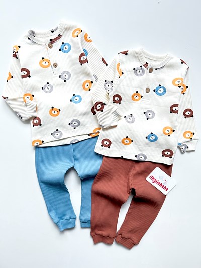 Bear  Ribanalı Esnek Kumaş %100 Pamuk 2’li Mevsimlik Takım