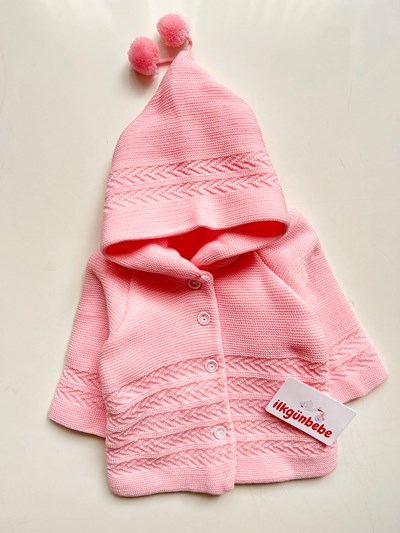 Çizgili Triko Ponpon Kapüşonlu Hırka