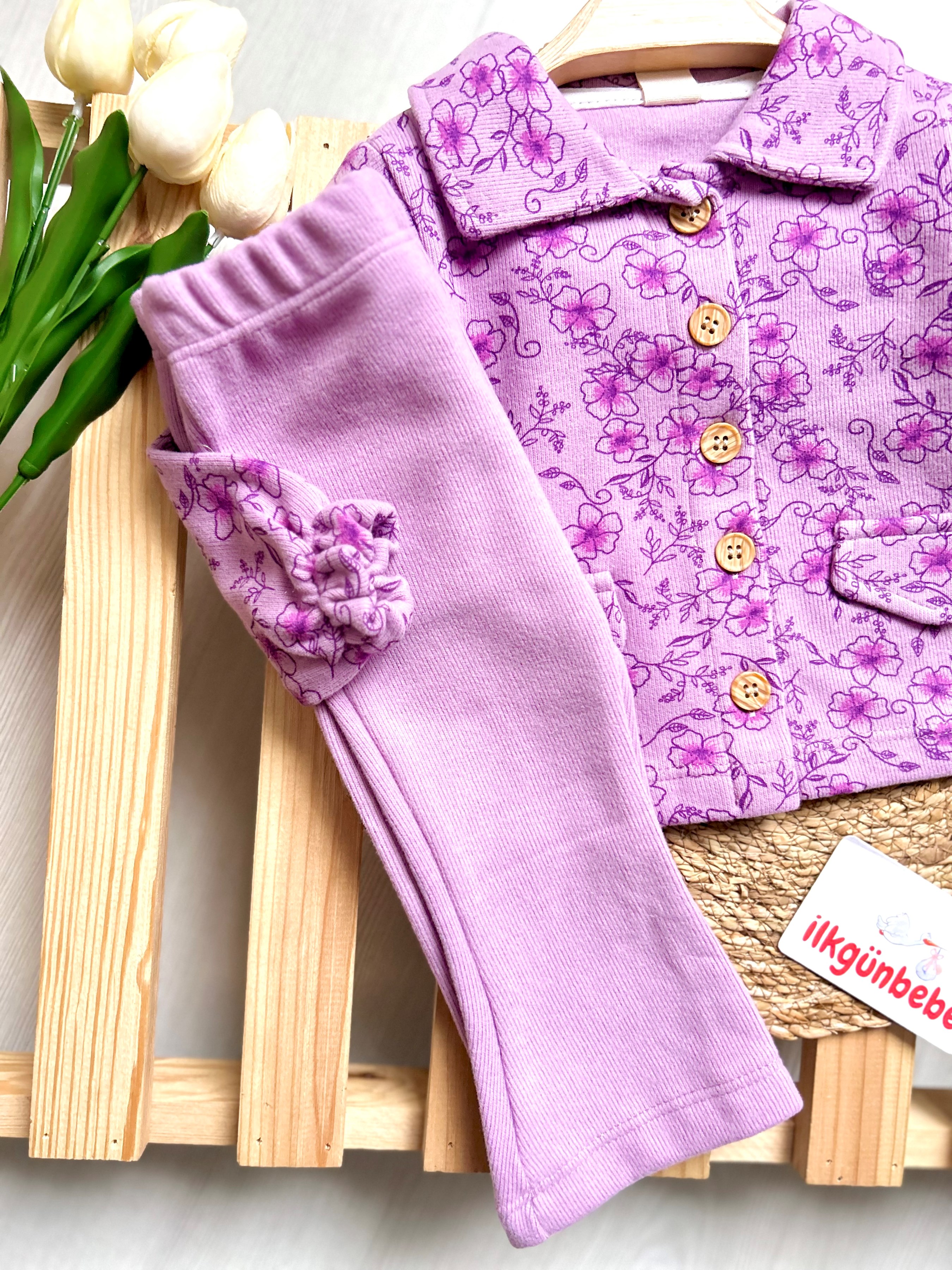 Çiçek Temalı Premium Kumaş İspanyol Pantalonlu Ceketli 2’li Takım