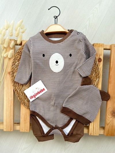 Bear Çizgili Şapkalı Esnek Kumaş 3’lü Takım