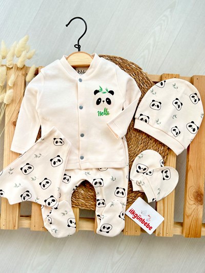 Panda Temalı Organik %100 Pamuk 5 Parça Yenidoğan Set