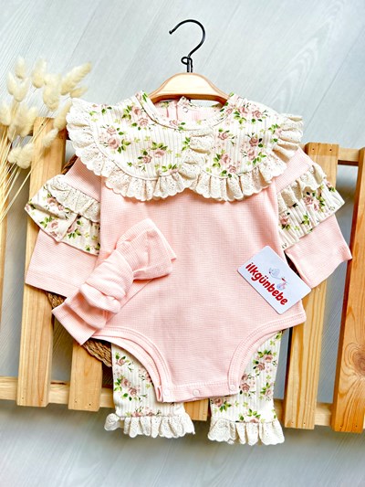 Çiçek Desenli Fisto Yakalı Waffle Kumaş Bandanalı 3’lü Premium Takım