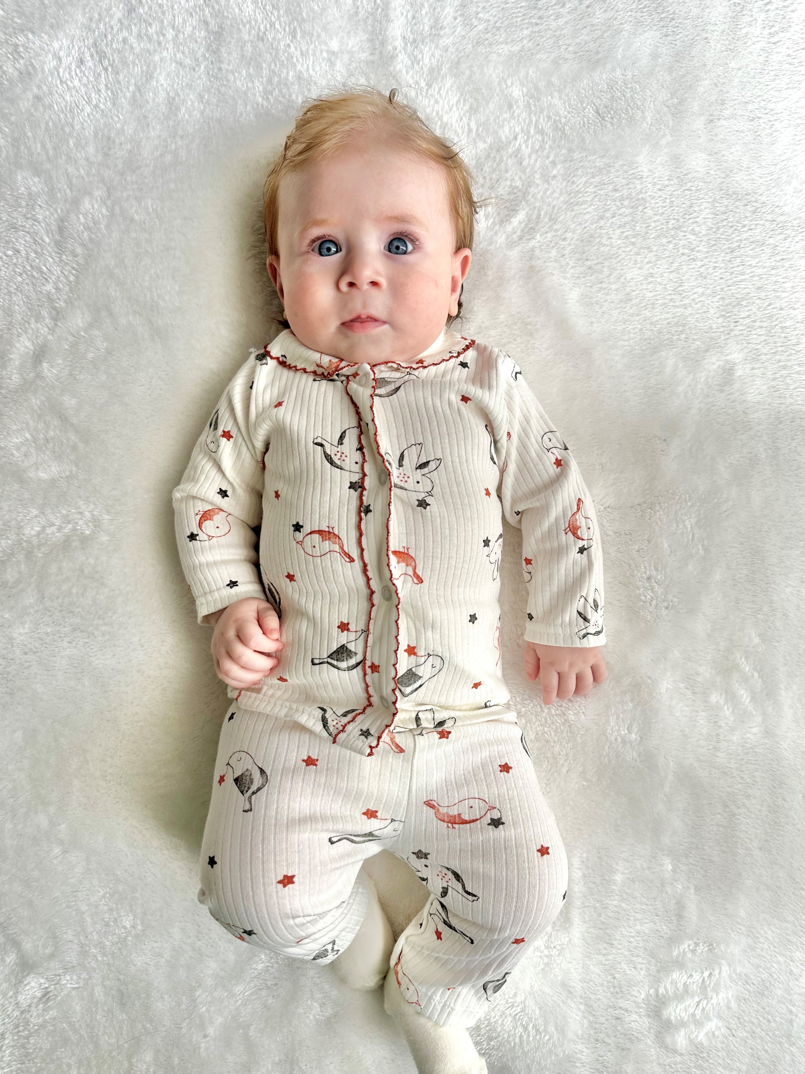 Bebe Yakalı Kuş Baskılı %100 Pamuk Pijama Takımı 