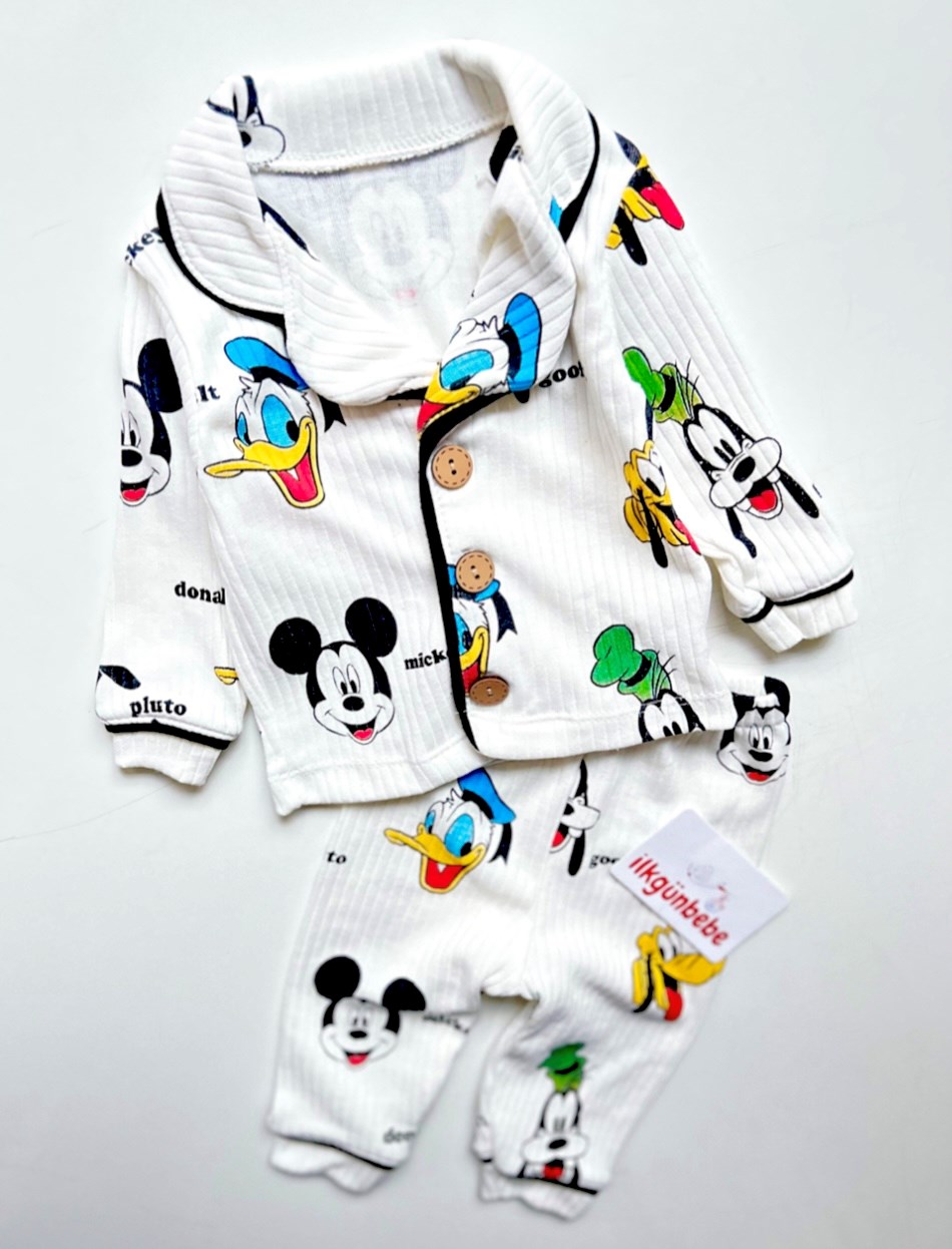Mickey Mouse Çizgi Film Karakter Baskılı Bebe Yakalı Ribanalı Kumaş  2’li Pijama Takımı 