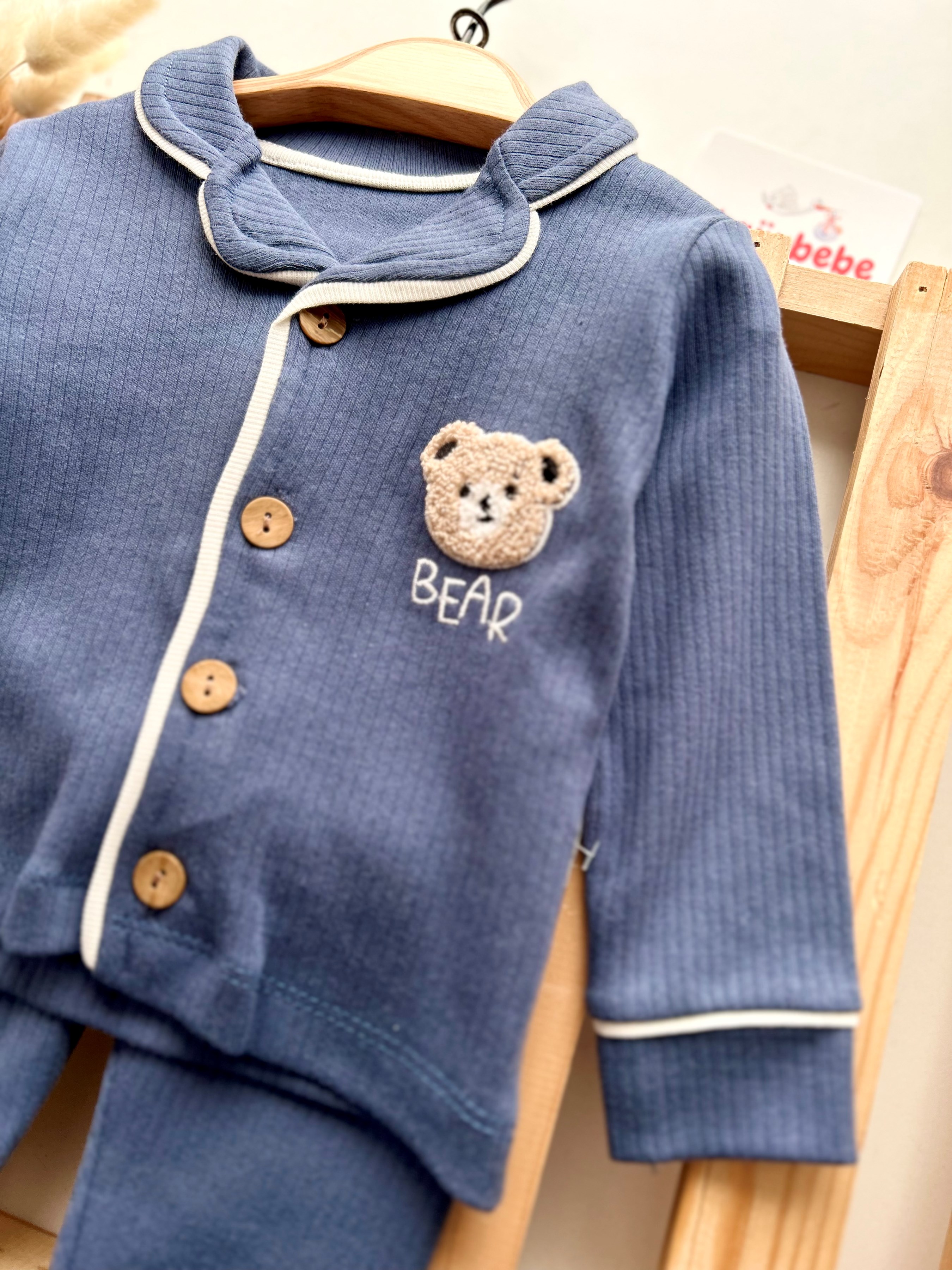Bear Baskılı Süzene 2’li Bebe Yakalı Pijama Takımı 