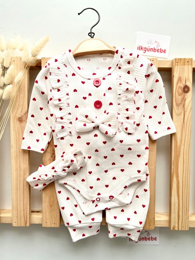 Fiyonklu Kalp Desenli Bandanalı Zıbınlı 3’lü Takım