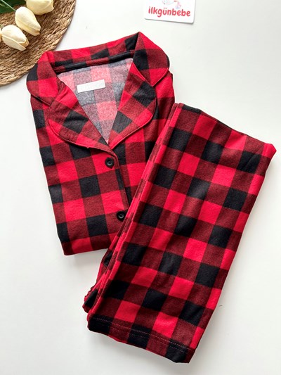  Kareli  Önden Düğmeli Likralı Bayan %100 Pamuk Mevsimlik Pijama Takımk