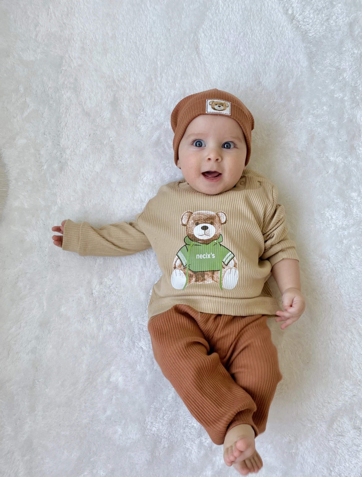 Sevimli Bear Fitilli Kaşkorşe Esnek Kumaş Şapkalı 3’lü Takım