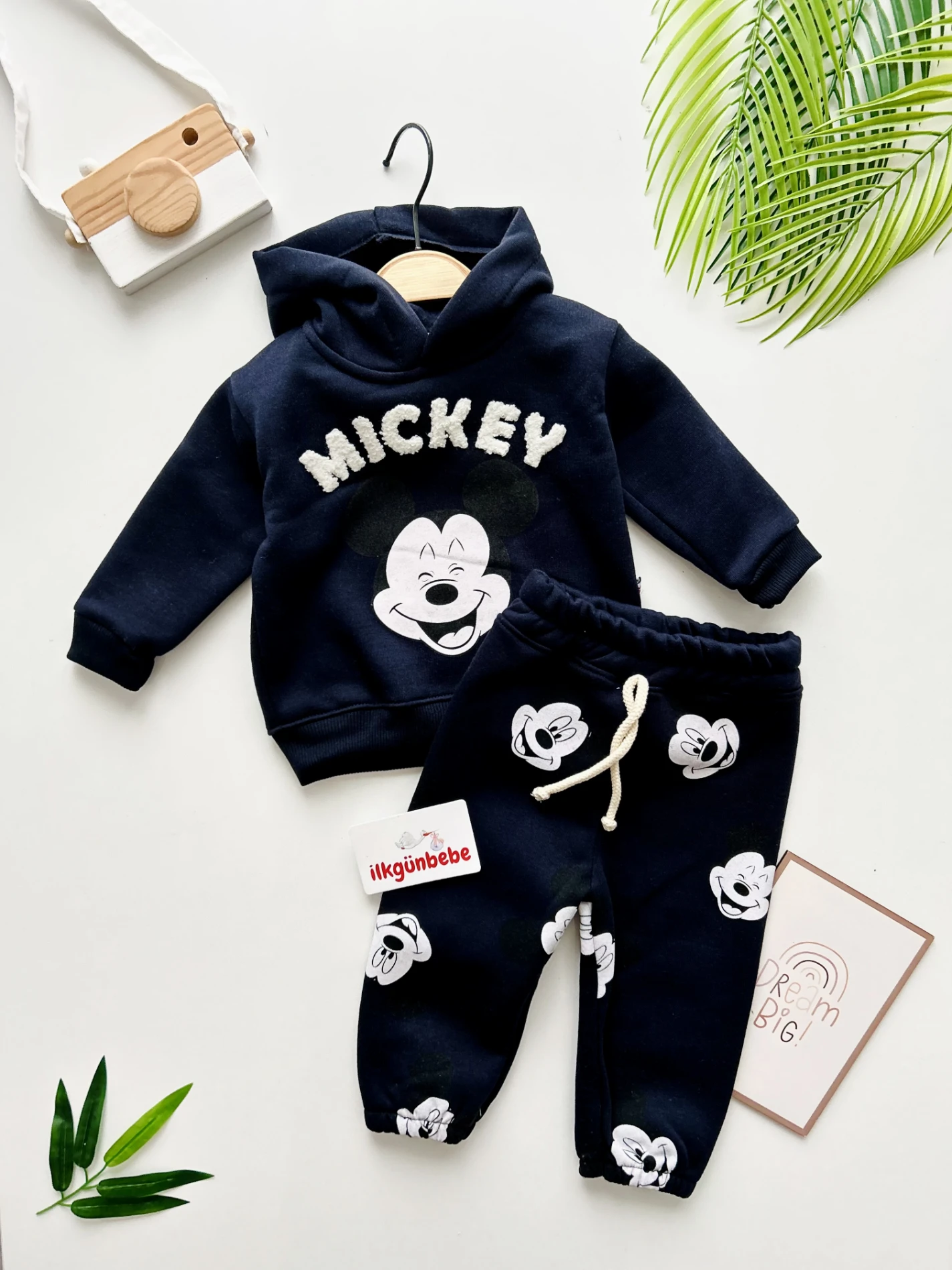 Mickey Mouse Kapüşonlu Sweatli 3 İp Şardonlu Kışlık 2’li Takım