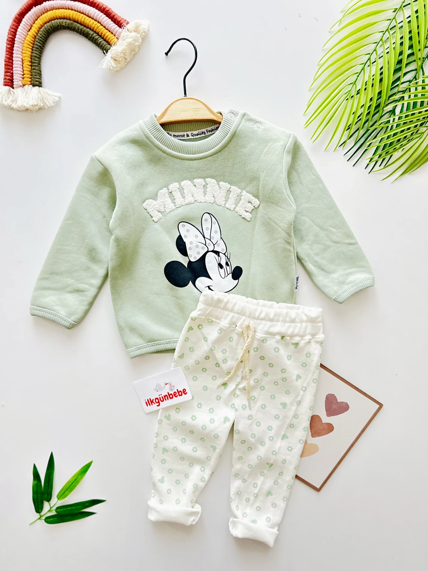 Minnie Mouse 3 İp Sweatli Çiçek Desenli  Esnek Fitilli Kumaş Taytlı 2’li Takım