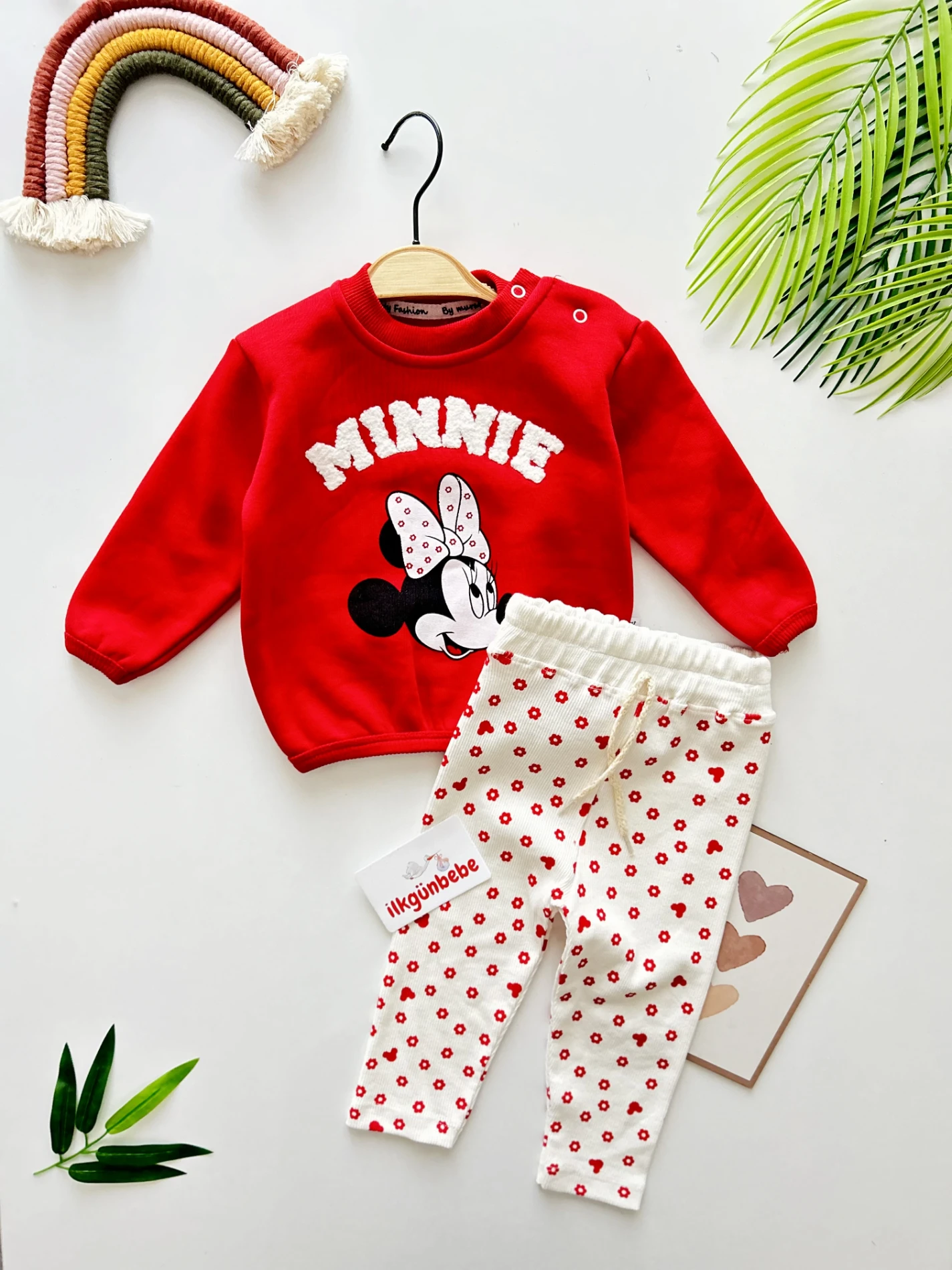 Minnie Mouse 3 İp Sweatli Çiçek Desenli  Esnek Fitilli Kumaş Taytlı 2’li Takım