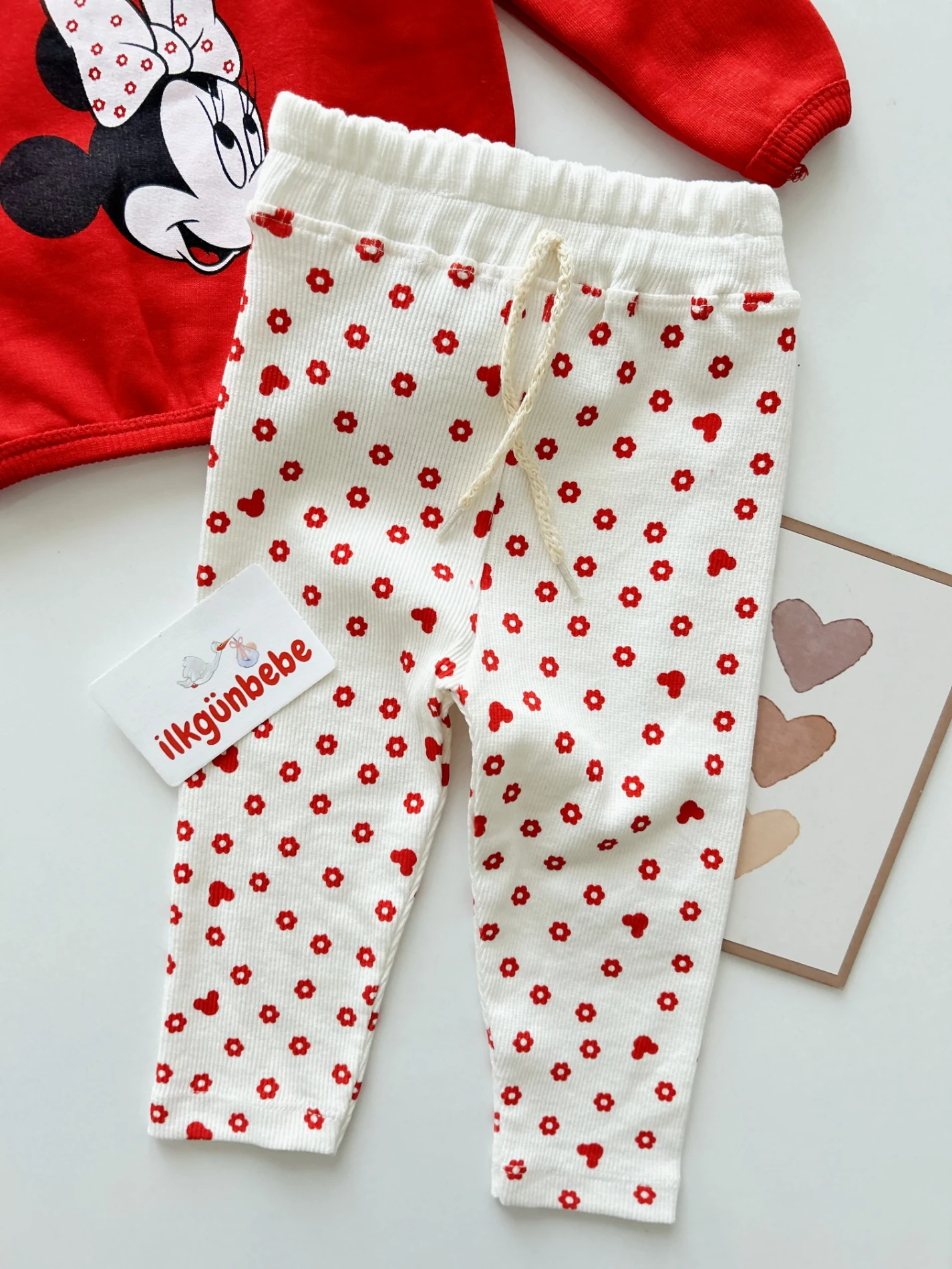 Minnie Mouse 3 İp Sweatli Çiçek Desenli  Esnek Fitilli Kumaş Taytlı 2’li Takım