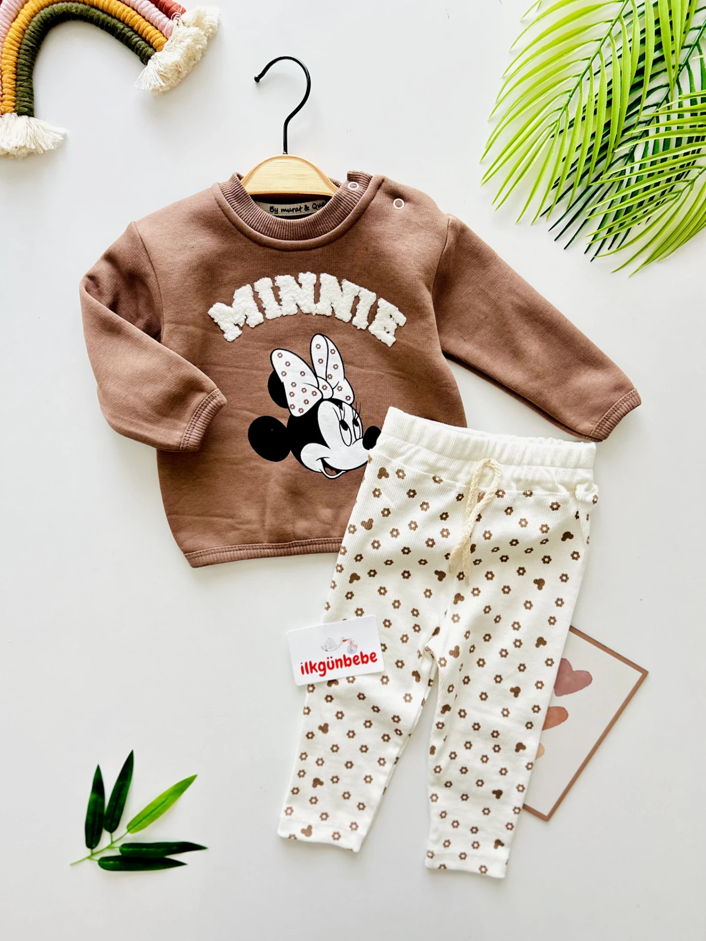 Minnie Mouse 3 İp Sweatli Çiçek Desenli  Esnek Fitilli Kumaş Taytlı 2’li Takım