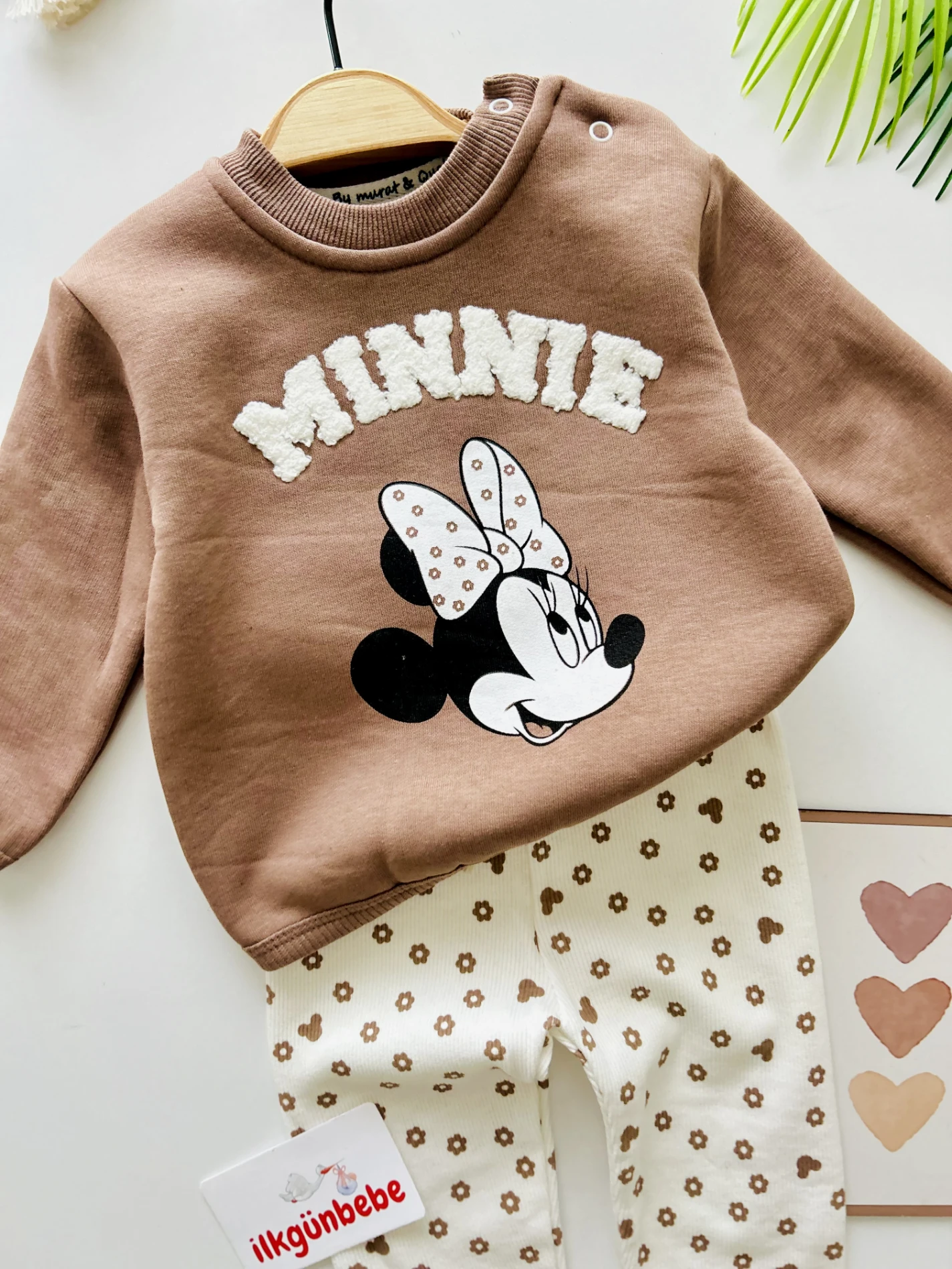 Minnie Mouse 3 İp Sweatli Çiçek Desenli  Esnek Fitilli Kumaş Taytlı 2’li Takım