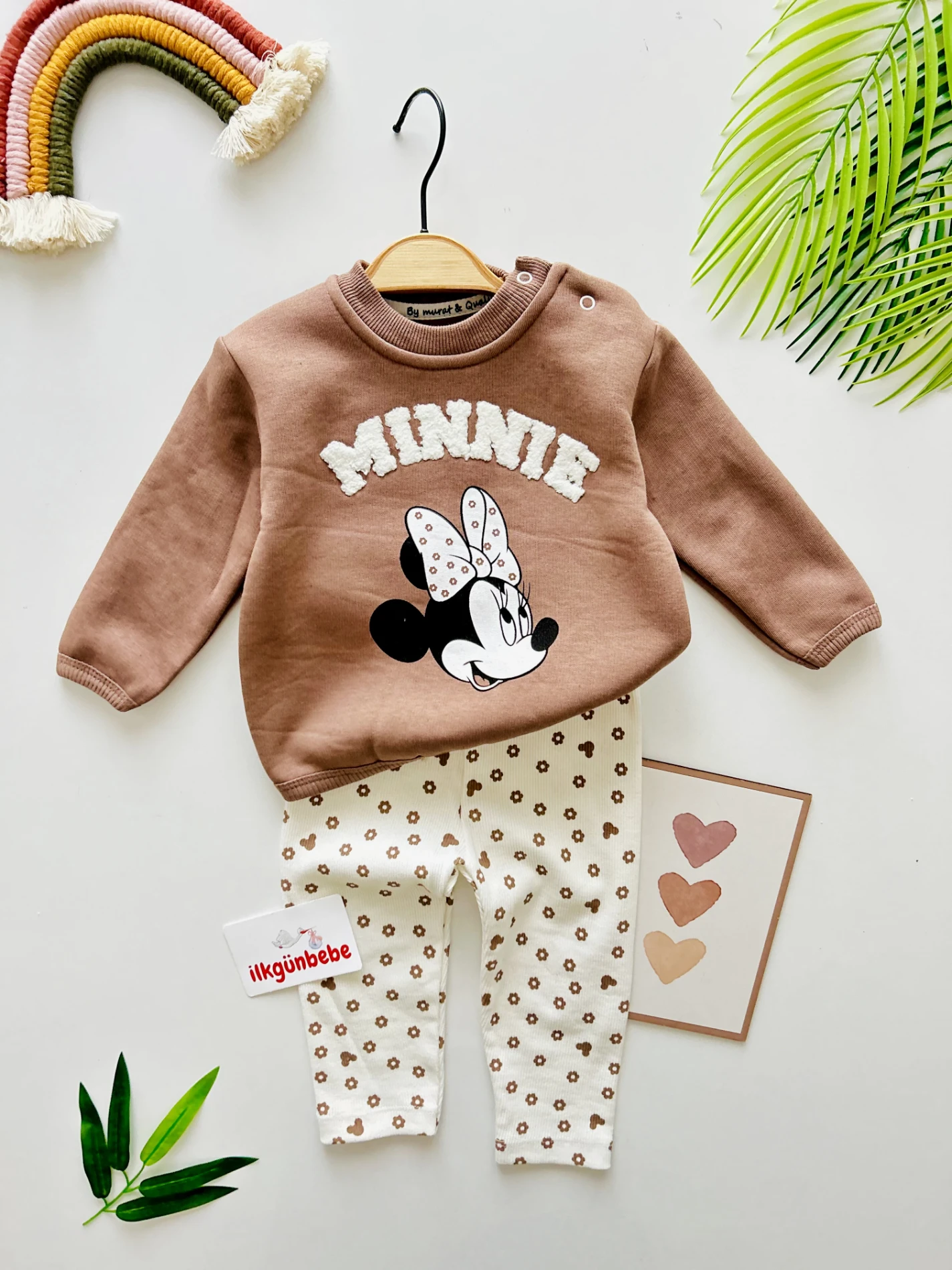 Minnie Mouse 3 İp Sweatli Çiçek Desenli  Esnek Fitilli Kumaş Taytlı 2’li Takım