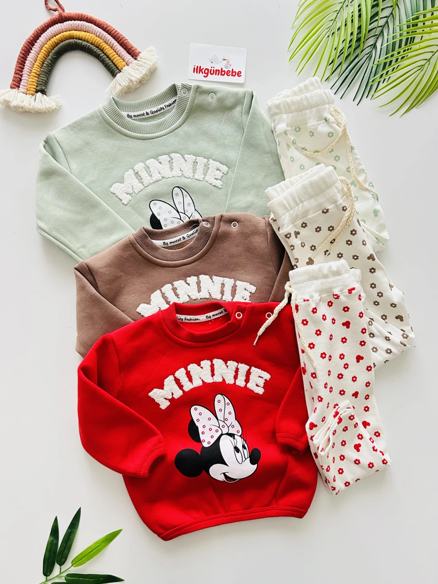 Minnie Mouse 3 İp Sweatli Çiçek Desenli  Esnek Fitilli Kumaş Taytlı 2’li Takım