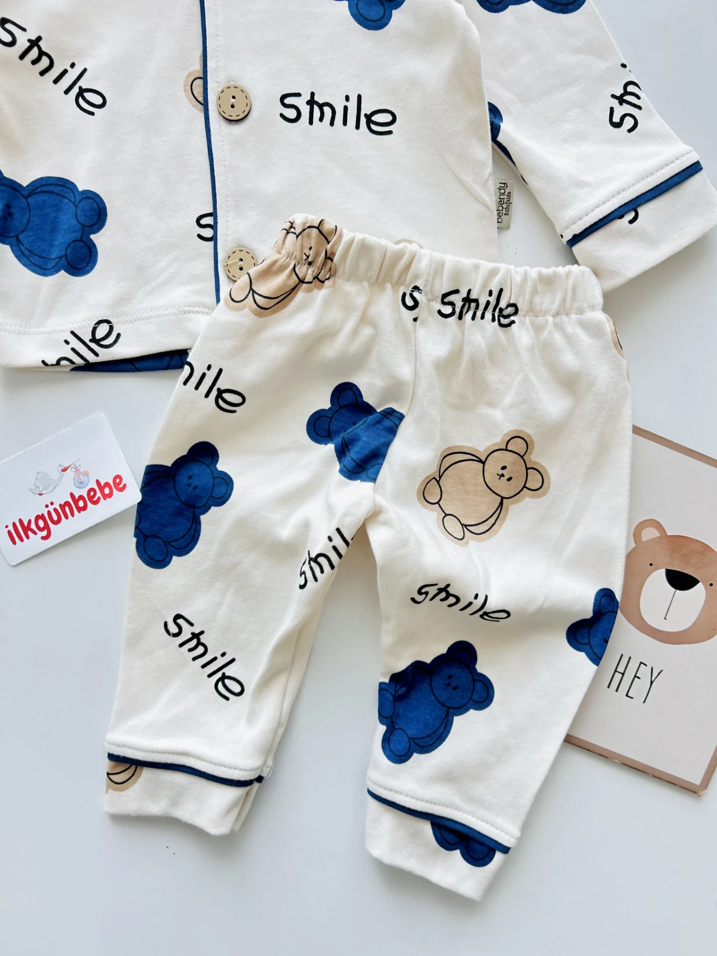 Hello Smile Bear Bebe Yakalı %100 Pamuk Yumuşacık Kumaş 2’li  Pijama Takımı 