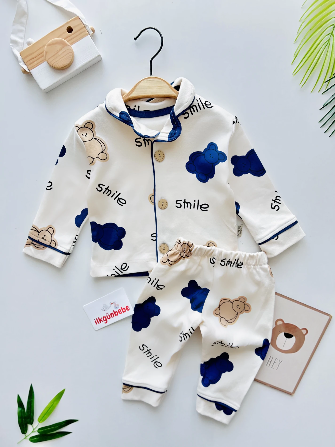 Hello Smile Bear Bebe Yakalı %100 Pamuk Yumuşacık Kumaş 2’li  Pijama Takımı 