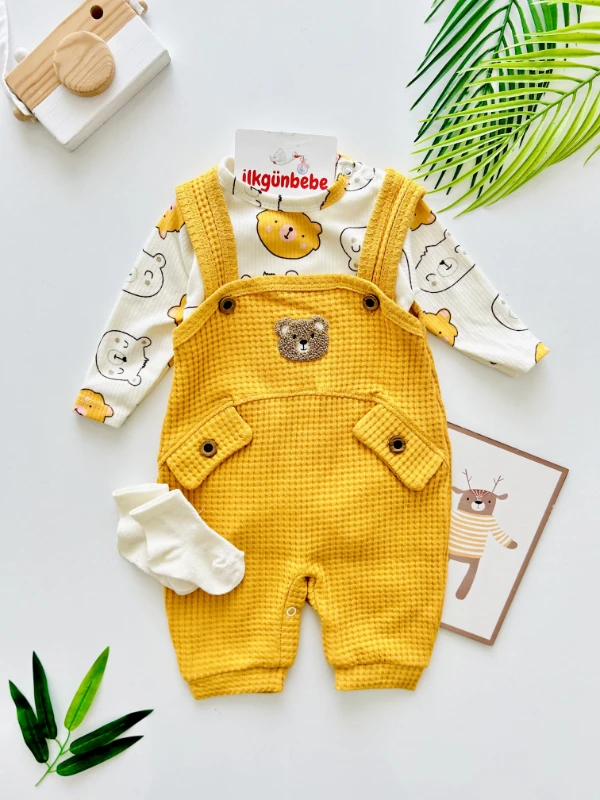 Bear Temalı %100 Pamuk Salopetli Çorap Hediyeli Zıbınlı Bodyli 3’lü Takım