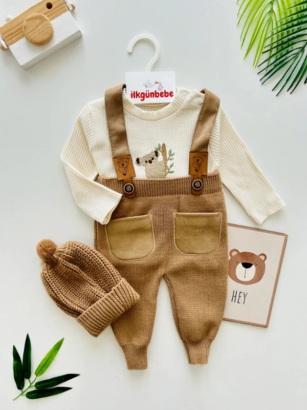 Koala Temalı Fitilli Esnek Kumaş Badili Triko Kalın Salopetli Çarpraz Askılı 3’lü Takım